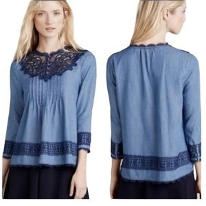 Anthropologie Holding Horses Chambray Lace Detail Blouse